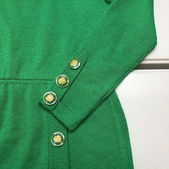 ST. JOHN Kelly Green Knit Wool Sheath Dress Size 4 Gold Buttons Vintage - Picture 2 of 11